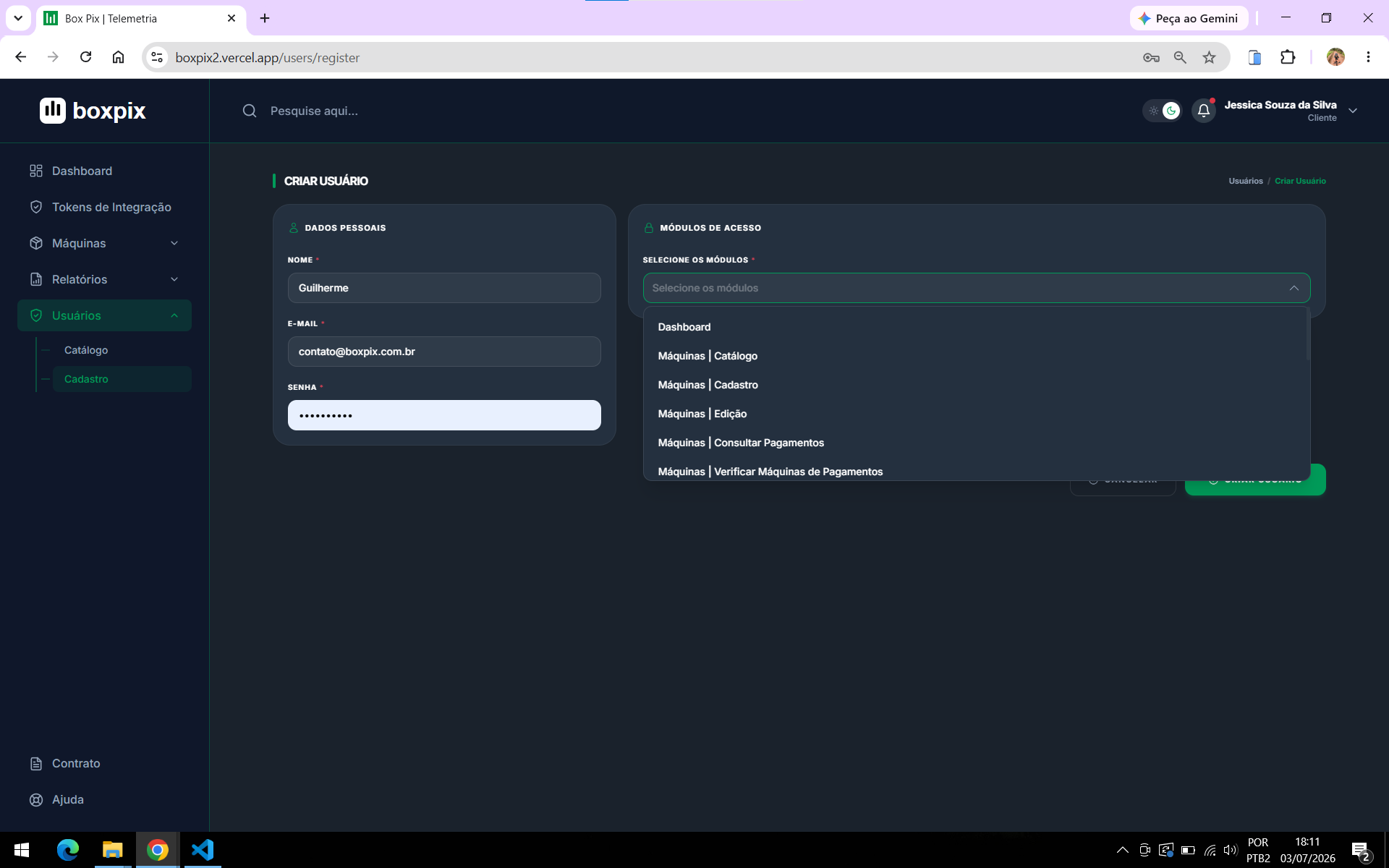 Tela de usuários e permissões BOXPIX